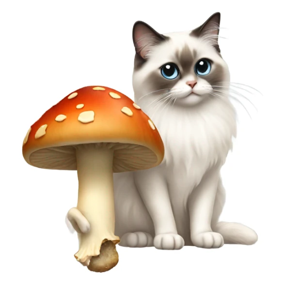 Ragdoll cat eating a mushroom sticker