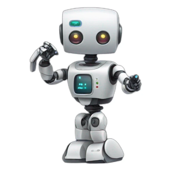 tiny robot holding up its own remote sticker