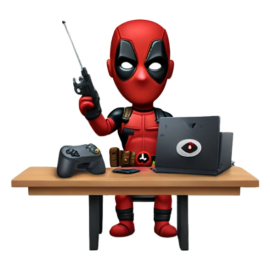 Cute Deadpool holding controller sitting at a desk, front view sticker