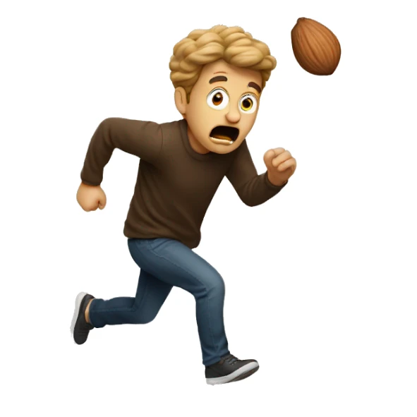scared man running away from a nut sticker
