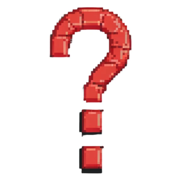 Large red question mark symbol on black background, pixelated sticker