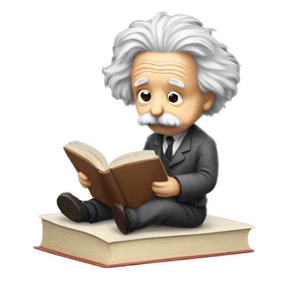 albert einstein sad reading book forward with small tier sticker