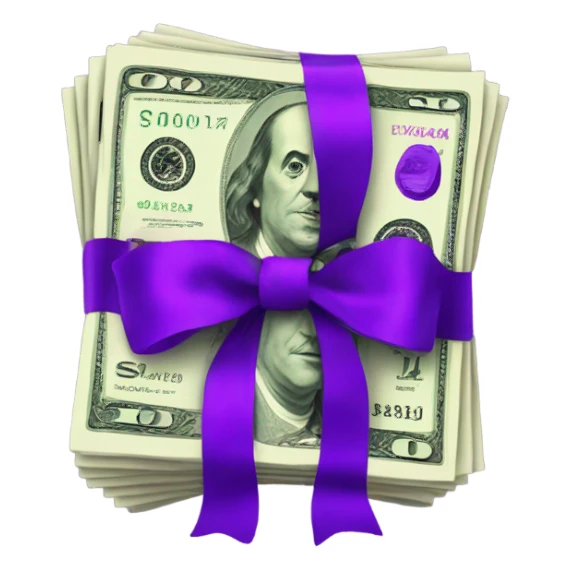 Dollars tied with a purple ribbon sticker