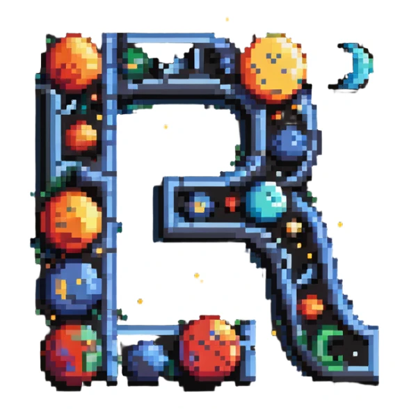 letter J with pixel planets and moons orbiting around it sticker