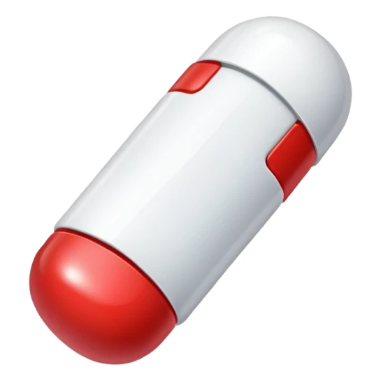 a red and white pill sticker