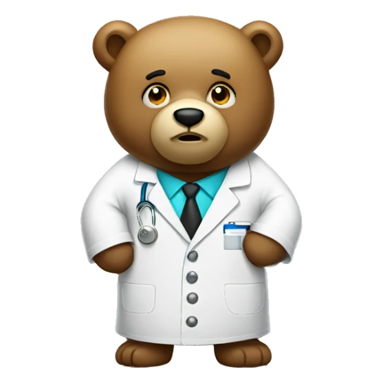 bear wearing lab coat with big question mark sticker