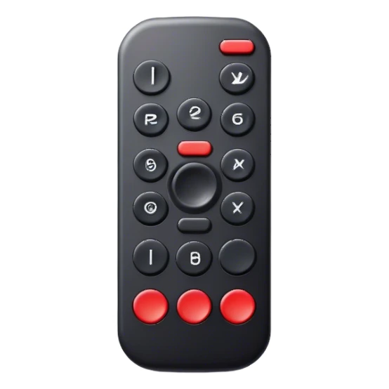one black tv remote control with red border,  2Dimensions. Only 5 buttons, 4 in black and one big red button in the center sticker