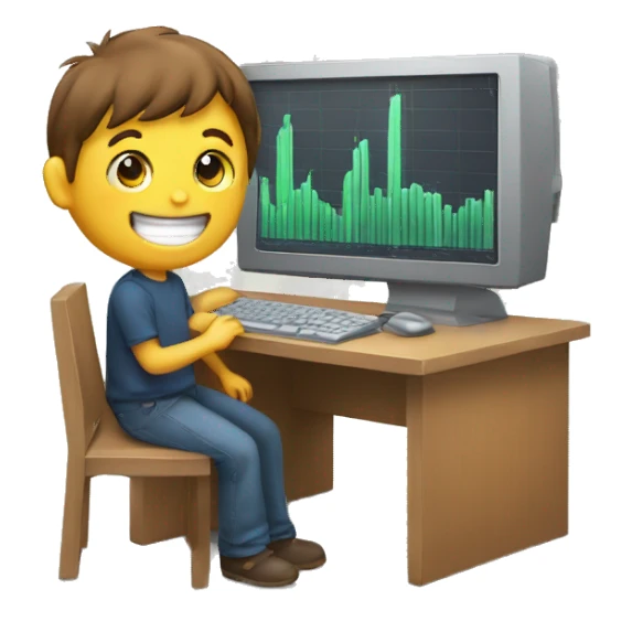 A computer with trading graphs going up and a happy boy  sticker
