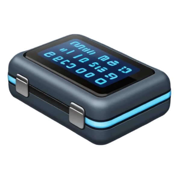 small rectangular pager with glowing blue digital screen showing BIP in pixel font, dark gray body, rounded corners, buttons, iOS emoji style sticker