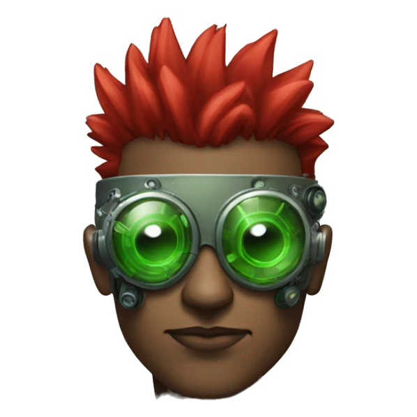 Male cyborg with thin red Mohawk and green steampunk goggles sticker