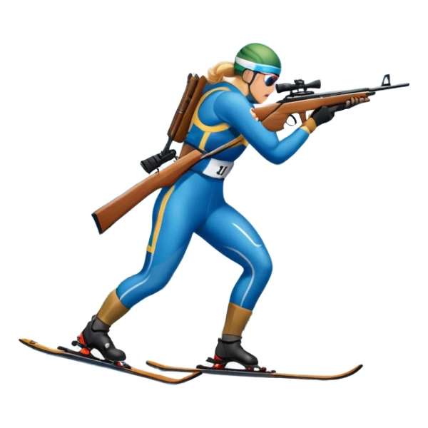 An icon featuring snow-covered trees, distant mountains, and a clear blue sky with a biathlete in motion, holding a rifle and skiing across a snowy course. Transparent background highlights the precision, endurance, and excitement of biathlon. sticker