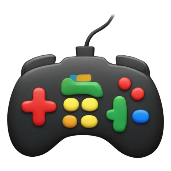 Video game controller with red, blue, yellow and green buttons, a black shell sticker