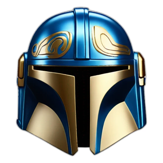 shiny blue mandalorian helmet with gold frame sticker