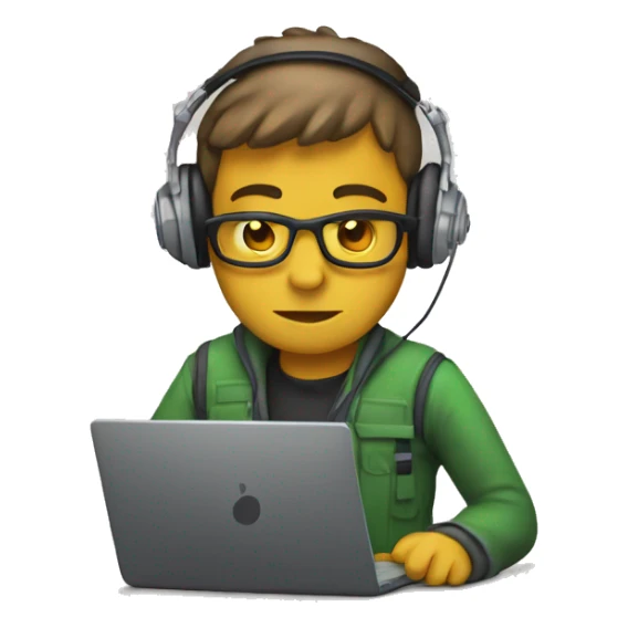 Coder with a laptop in front and headphones on his head sticker