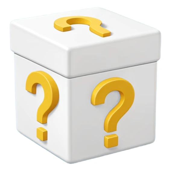 white cube shaped box printed with "q&a" over stuffed with yellow question marks sticker
