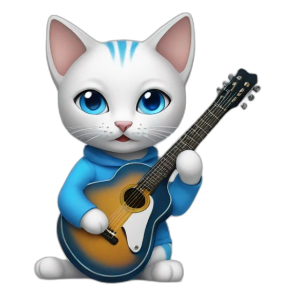 cat with blue eyes holding a guitar sticker