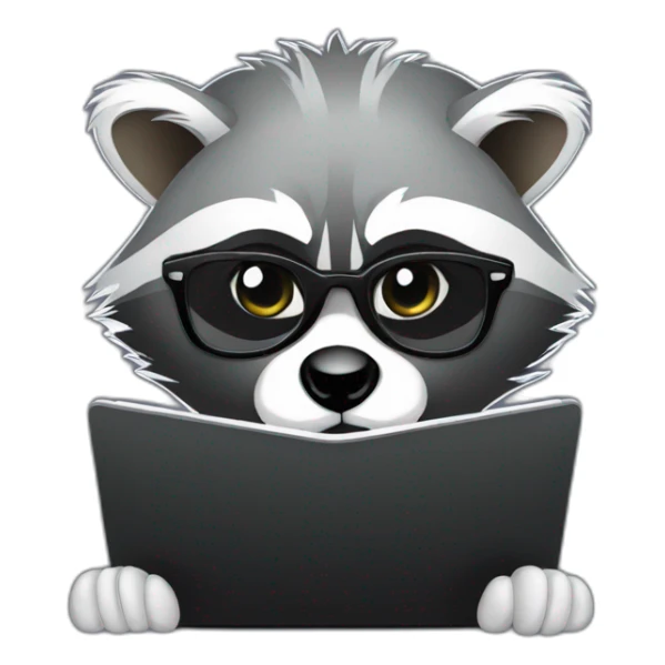 racoon wearing glasses and a white tee working on a black laptop sticker