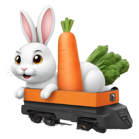 rabbit riding a train that is shaped like a carrot sticker