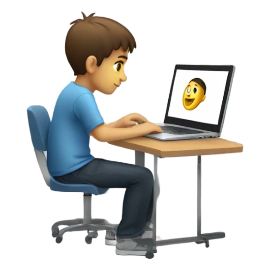 boy coding on laptop right side face and add skill word in laptop sticker