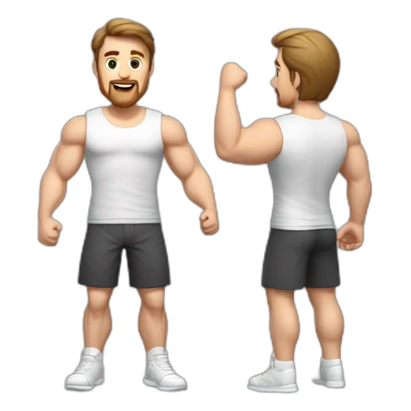 Full height realistic Actively gesturing with hands Pale skinned Fit Man With the biceps and brown hair in dark gray Sleeveless Mike, black oversize sports shorts, watch and white Sneakers sticker
