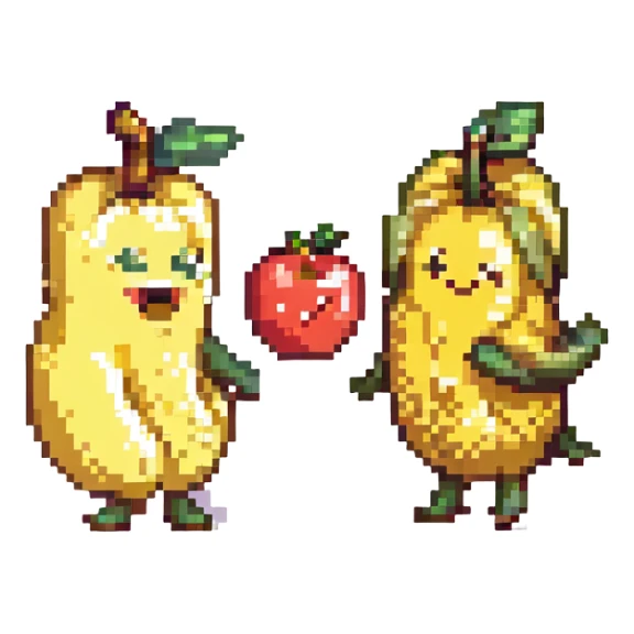 a banana and an apple dancing together, playful and fun, simple background sticker