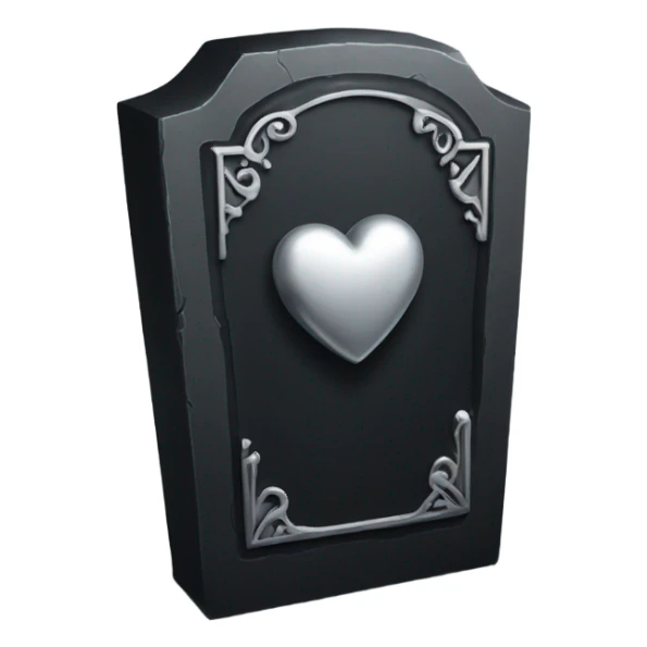 a black tombstone in silver RIP and a silver heart sticker