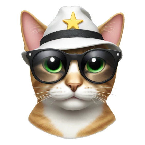 cat wearing sunglasses and a star hat sticker