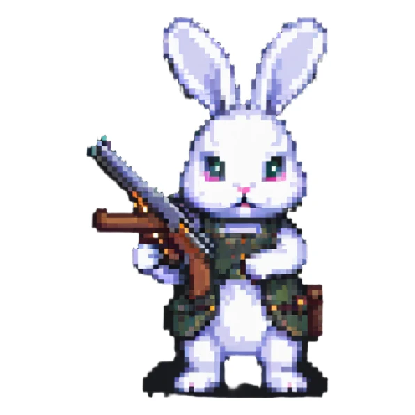 A pixel art rabbit shooting with a gun sticker