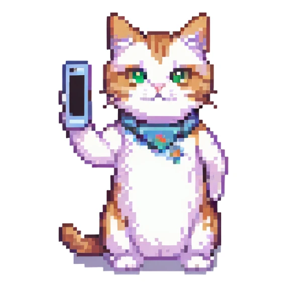 cat taking a selfie, pixel art style sticker