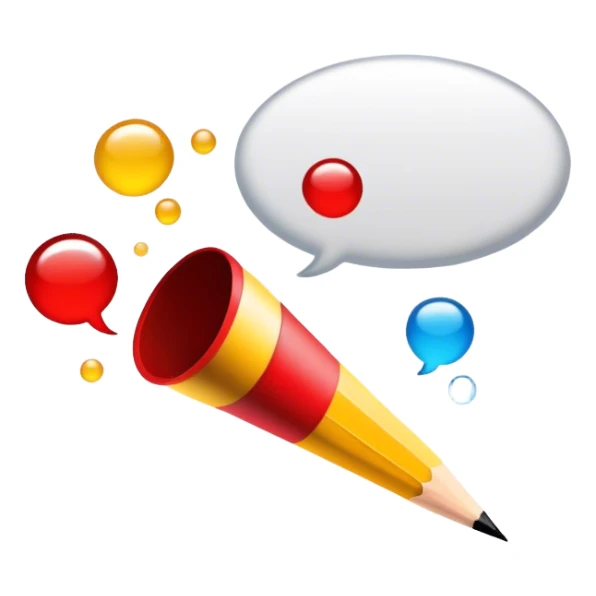 Create a vibrant and focused emoji representing writing text for comic books. The design should feature an open comic book with visible speech bubbles and text lines. A pencil or quill (without a hand) should be shown writing or sketching text into the bubbles. The background should show subtle comic panels with empty spaces awaiting dialogue, emphasizing the writing process. Use a mix of bright and bold colors like black, red, and yellow to convey creativity and energy. The overall design should evoke the art of storytelling through text in comic books. Make the background transparent. sticker
