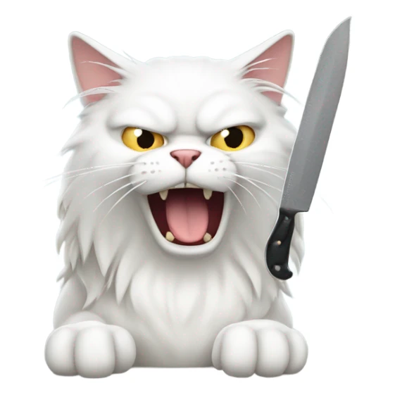 Angry long haired white cat holding knife sticker