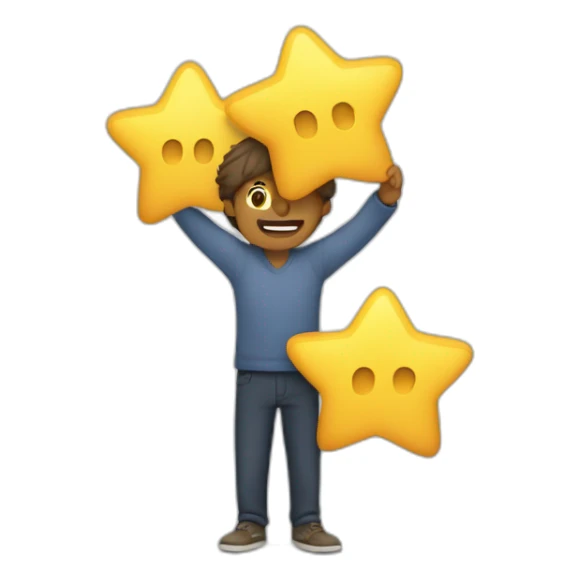 man holding up 5 stars sticker