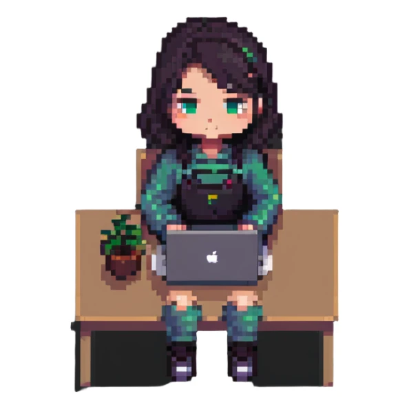 girl working on a MacBook, pixel art style sticker