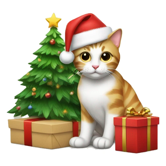 Cat sat under a Christmas tree next to a present sticker