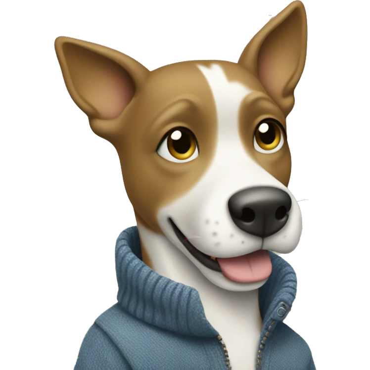 A confident cartoon dog in a gray sweater, blue jeans, and white sneakers on a muted green background. emoji