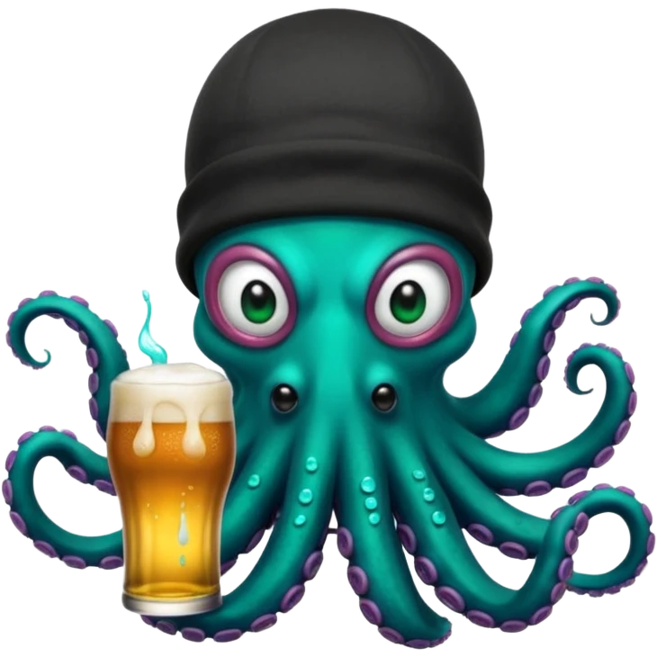 Epic octopus with an iridescent green base layer coloring and pearl black secondary layer of color, with teal neon colored suction cups under the tentacles. Octopus is wearing balaclava, a backwards hat, is holding 2 beers, and has a white teardrop face tattoo emoji