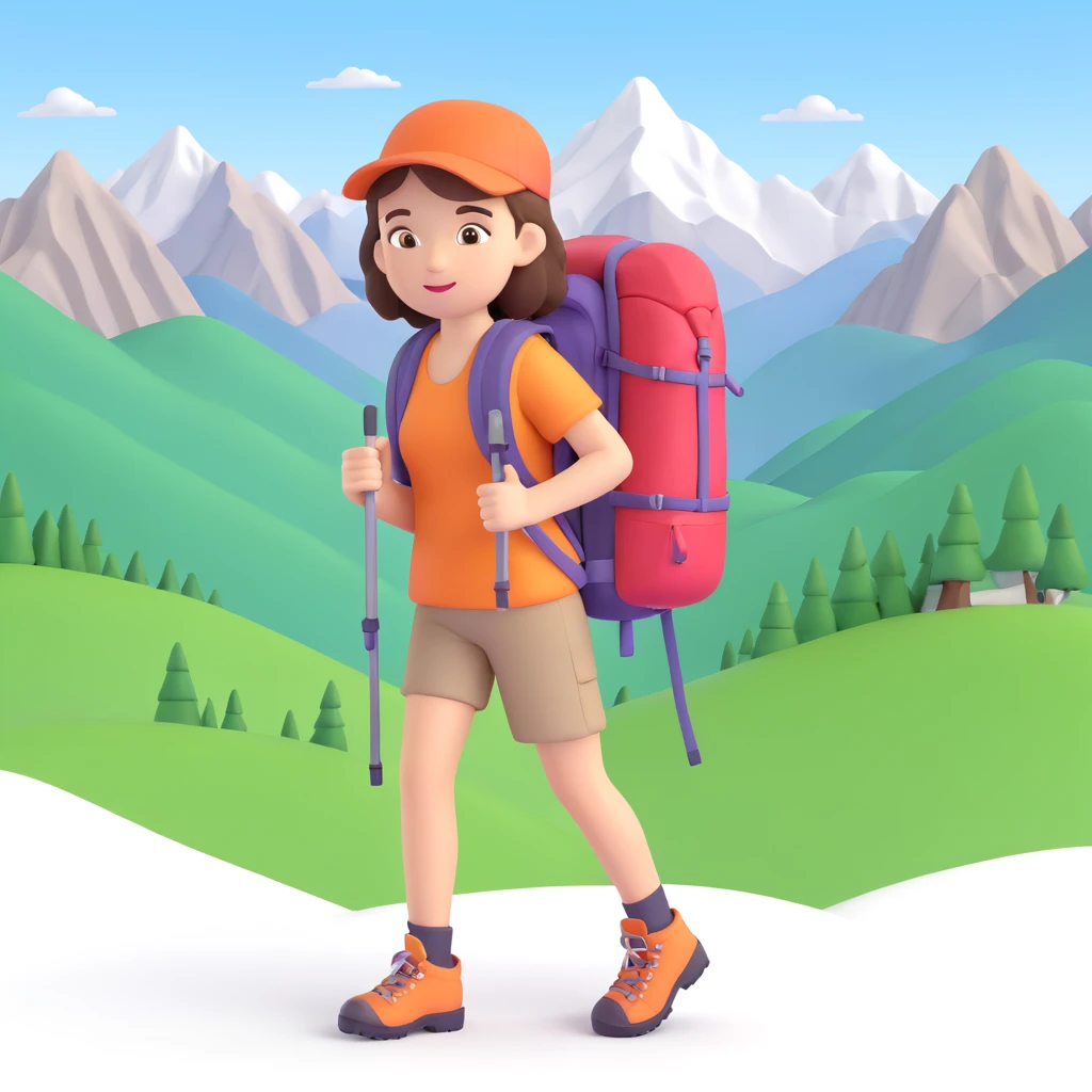 girl back packing mountains in background, close up pose emoji