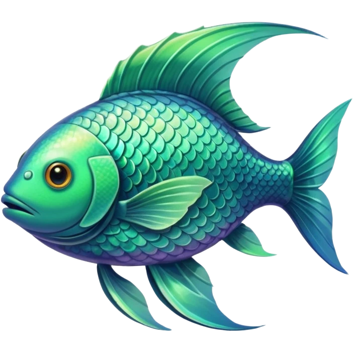 the flat side view of a green divine looking fictional fish with emoji