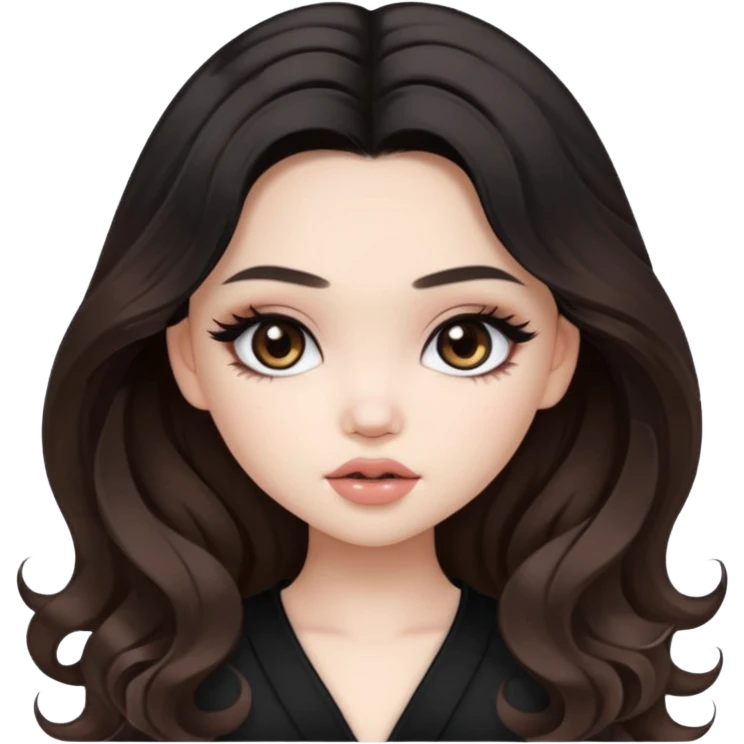 pale skin, girly bratz ASIAN vietnam baddie, beautiful dark brown eyes, pretty makeup, long black to light brown ombré wavy hair emoji