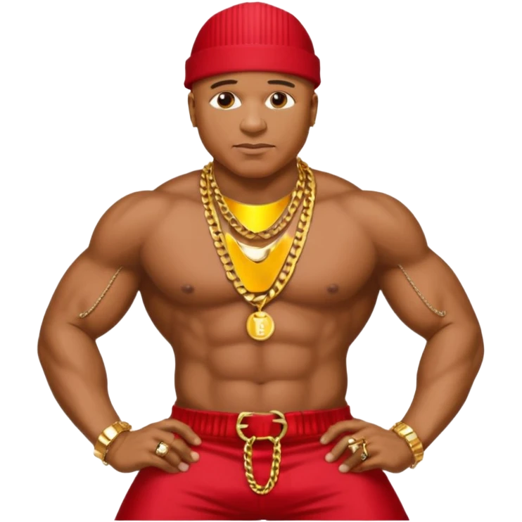 LL Cool J with metallic red pants, shirtless with necklace emoji