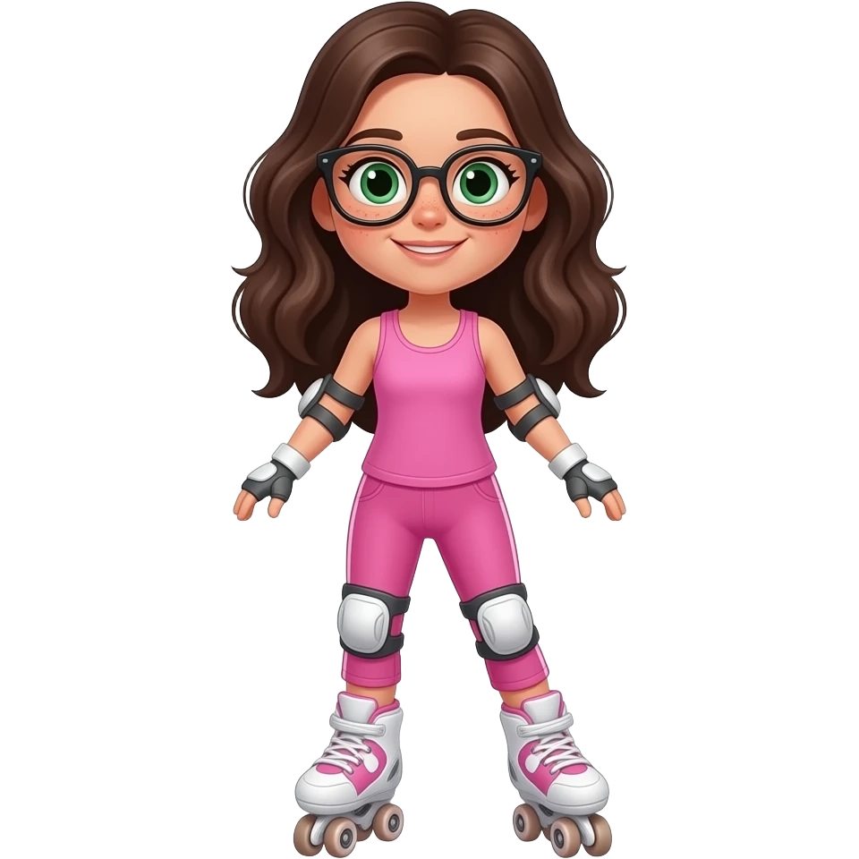 young girl in the style of iphone emoji people, fair skin, green eyes, glasses, freckles,long dark brown wavy hair, pink tank top and pink leggings, rollerblading emoji