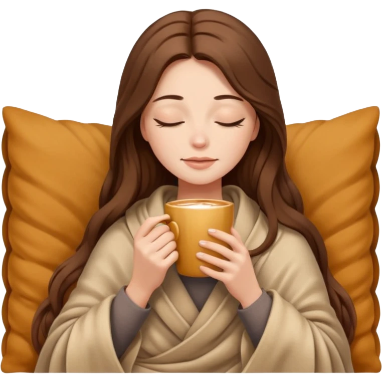 long brown hair woman closed eyes covered with cozy beige blanket, holding cup of coffee, autumn mood emoji