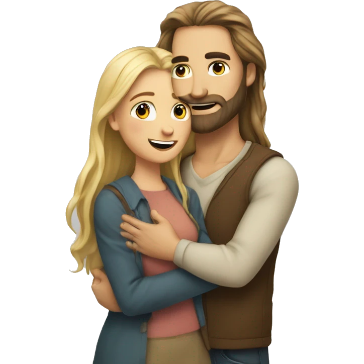 Man with brown long hair with beard hugging girl with long blonde hair  emoji