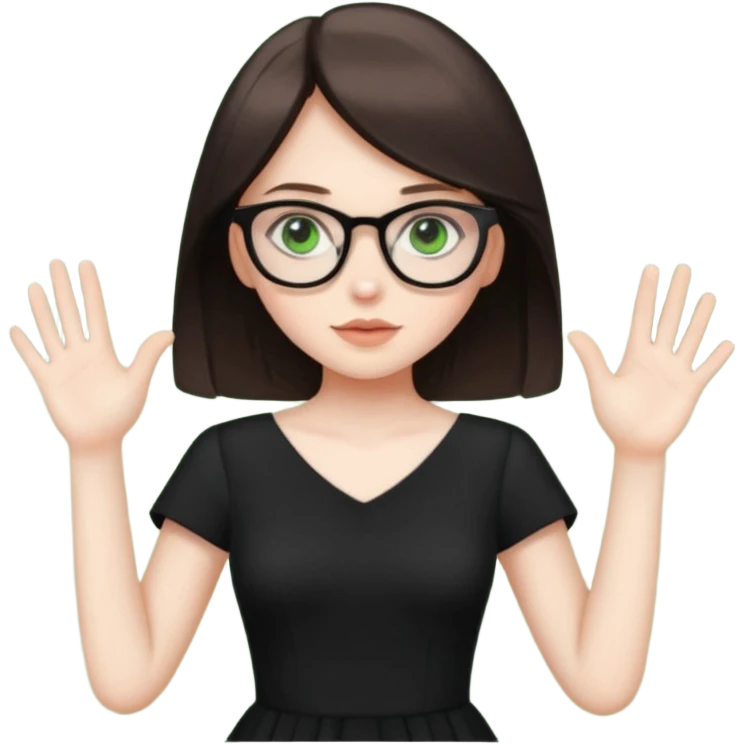 a cute white brunette girl with green eyes in a black dress wearing glasses  with two hands  emoji