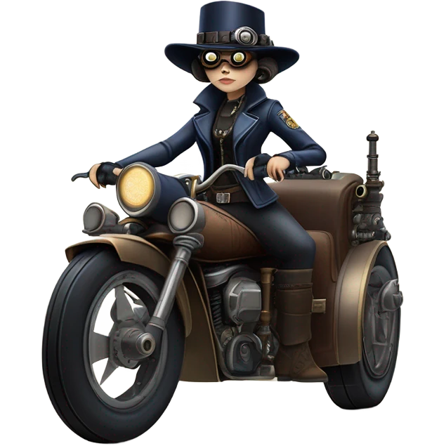 Bounty hunter Wednesday Addams Jedi wearing a pair of navy-blue rimmed steampunk goggles, hat, leather chaps, fringe jacket riding a relaxed sci-fi 3 wheeled steampunk rat rod motorcycle with large fenders and saddlebags in desert town  emoji