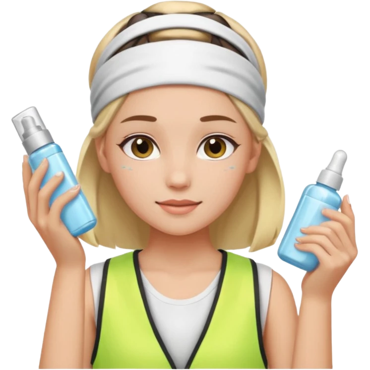 Clean girl aesthetic emoticons, apply skincare products, headband, glowing skin, vest, soft lighting
 emoji