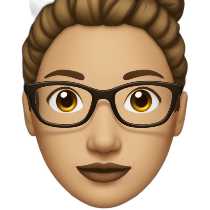 Woman, beige skin, brown hair in a bun, rectangle glasses emoji