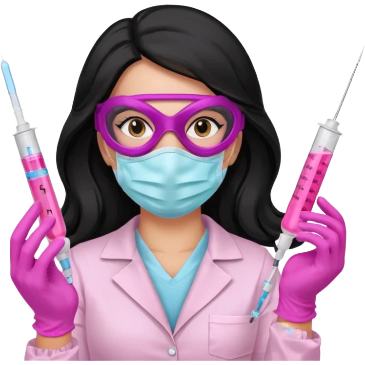 laboratorista con guantes rosa y mascarilla rosa  jeringa tubos  pelo negro largo triguella emoji