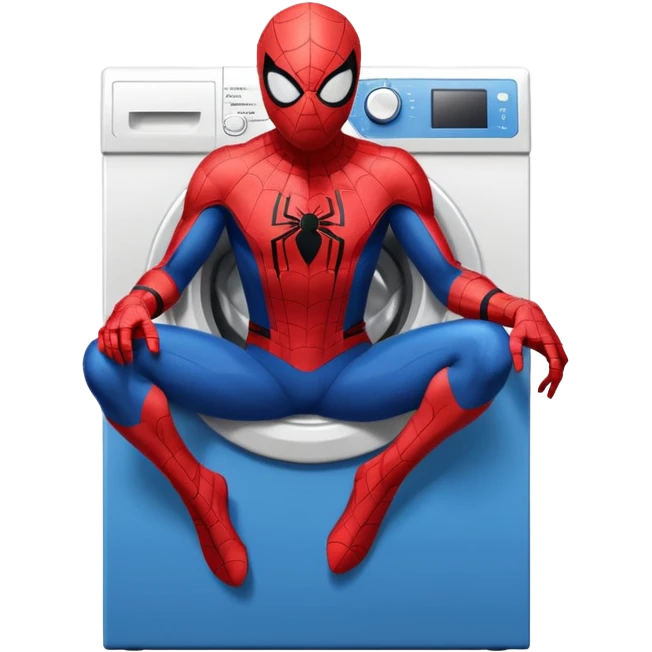 Die-cut sticker of Spider-Man sitting on a washing machine, bold vector art, thick white border, isolated on white background.with 4k resolution emoji