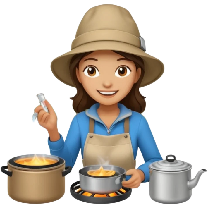 A woman camper boiling water on a portable stove, enjoying the outdoor emoji